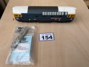 Lima Class 33 loco. Repainted blue with yellow ends/cabs, grey centre roof, white cab roofs.. 33.027 'Earl Mountbatten of Burma". Fitted P4 wheels. Some detailing parts separate, to be added.