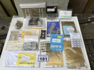 Job lot Box containing a variety of kits for coach bogies and coach/bogie compensation kits. Includes 3 made-up bogies with P4 wheels.